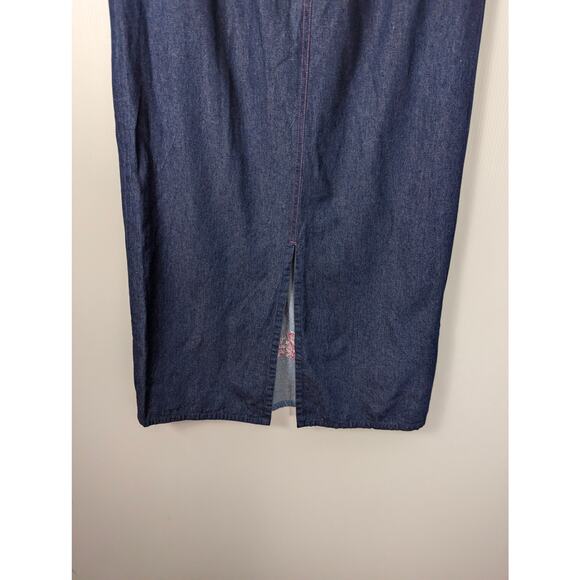Vintage 90's Funky People Denim Maxi Skirt Embroidered Flowers an Butterfly - Picture 7 of 9